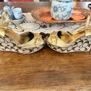 Coach Gold and Brown Wedge Sandals